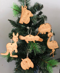 Set of Six Australian Animal Christmas tree decorations - emu kangaroo echidna wombat koala platypus