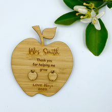 Load image into Gallery viewer, Teacher Earring Board gift - bamboo earrings on personalised bamboo earring card, owl, pencil, apple, heart, flower, ruler, rectangle and circle