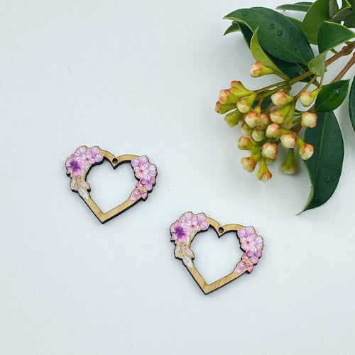 Colour Printed Timber Earring Blanks - Floral Heart