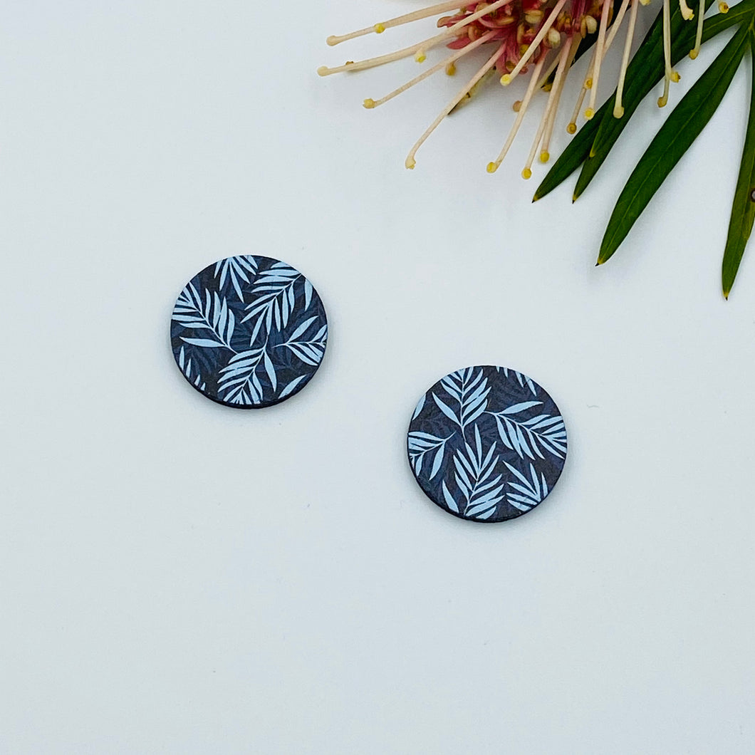 Blue Leaf Design Stud Colour Printed Timber Earring Blanks