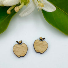 Load image into Gallery viewer, Teacher Earring Board gift - bamboo earrings on personalised bamboo earring card, owl, pencil, apple, heart, flower, ruler, rectangle and circle