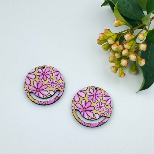 Colour Printed Timber Earring Blank - Flower Power 1 Macrame Circle