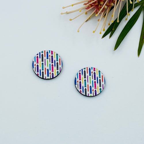 Pencils Stud Colour Printed Timber Earring Blanks