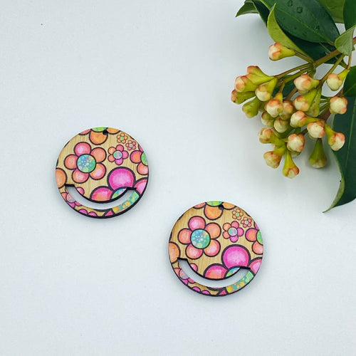 Colour Printed Timber Earring Blank - Flower Power 6 Macrame Circle