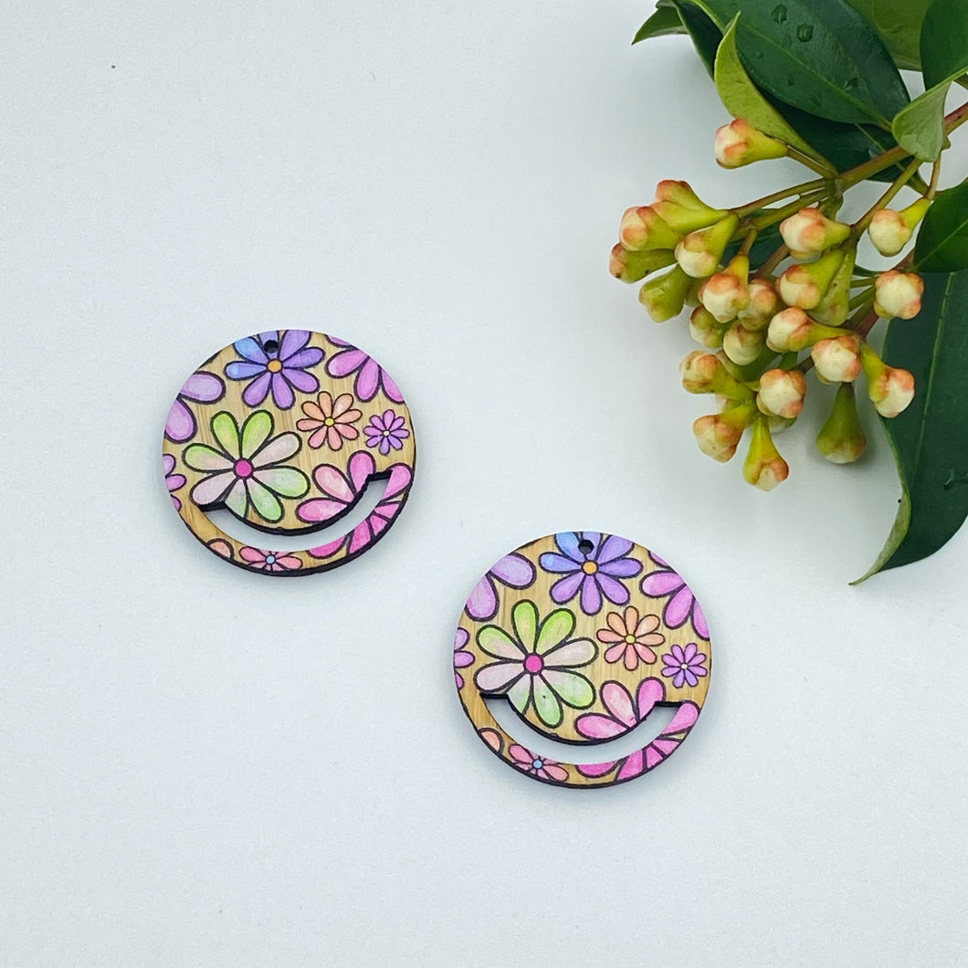 Colour Printed Timber Earring Blank - Flower Power 2 Macrame Circle