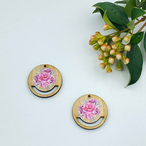 Colour Printed Timber Earring Blank - Floral Circle 1