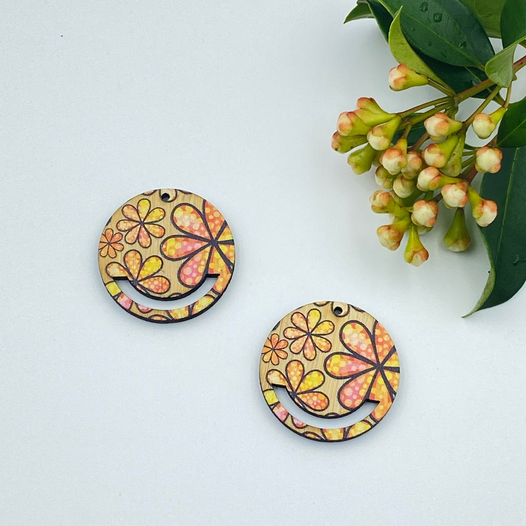 Colour Printed Timber Earring Blank - Flower Power 4 Macrame Circle