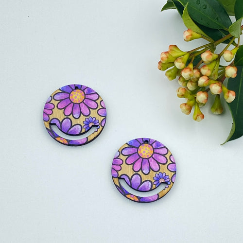 Colour Printed Timber Earring Blank - Flower Power 5 Macrame Circle