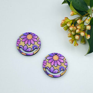 Colour Printed Timber Earring Blank - Flower Power 5 Macrame Circle