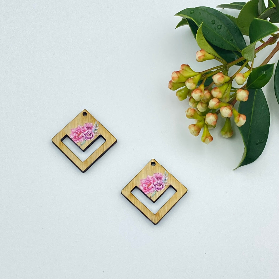 Colour Printed Timber Earring Blanks - Floral Diamond