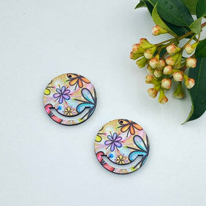 Colour Printed Timber Earring Blank - Flower Power 3 Macrame Circle