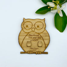 Load image into Gallery viewer, Teacher Earring Board gift - bamboo earrings on personalised bamboo earring card, owl, pencil, apple, heart, flower, ruler, rectangle and circle