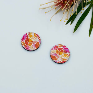 Pink Geo Leaf Design Stud Colour Printed Timber Earring Blanks