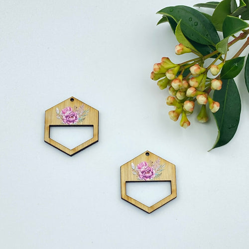 Colour Printed Timber Earring Blanks - Floral Hexagon