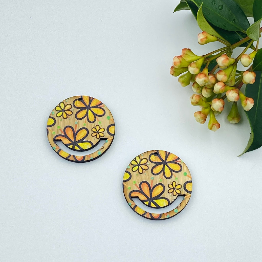 Colour Printed Timber Earring Blank - Flower Power 7 Macrame Circle